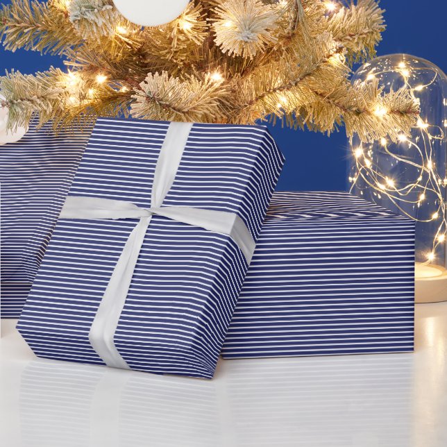 Elegant navy blue & white thin stripes modern chic wrapping paper (Holidays)