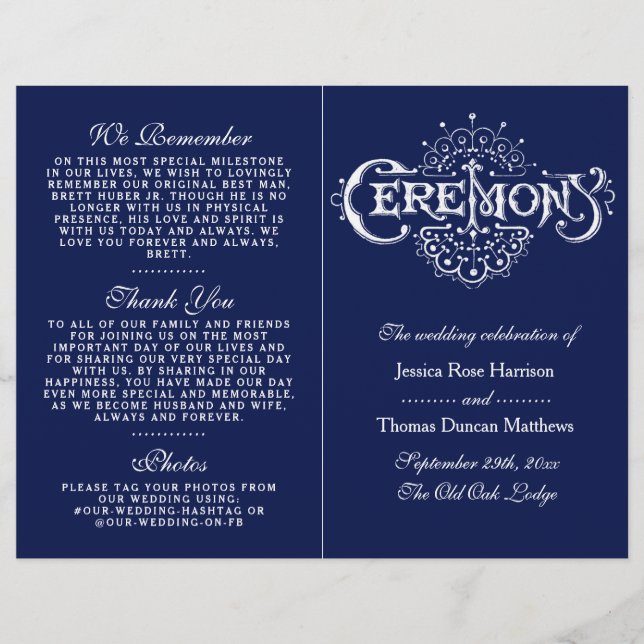 Elegant Navy Blue & White Wedding Ceremony Program (Front)