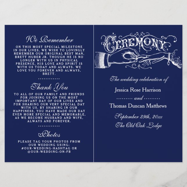 Elegant Navy Blue & White Wedding Ceremony Program (Front)