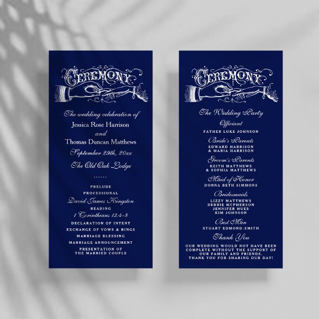 Elegant Navy Blue & White Wedding Ceremony Program Rack Card (Creator Uploaded)
