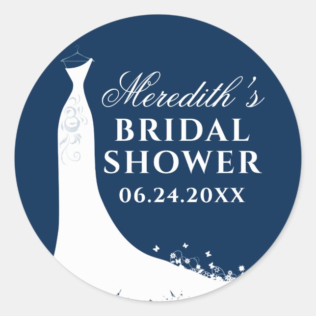 Elegant Navy Blue White Wedding Gown Bridal Shower Classic Round Sticker (Front)