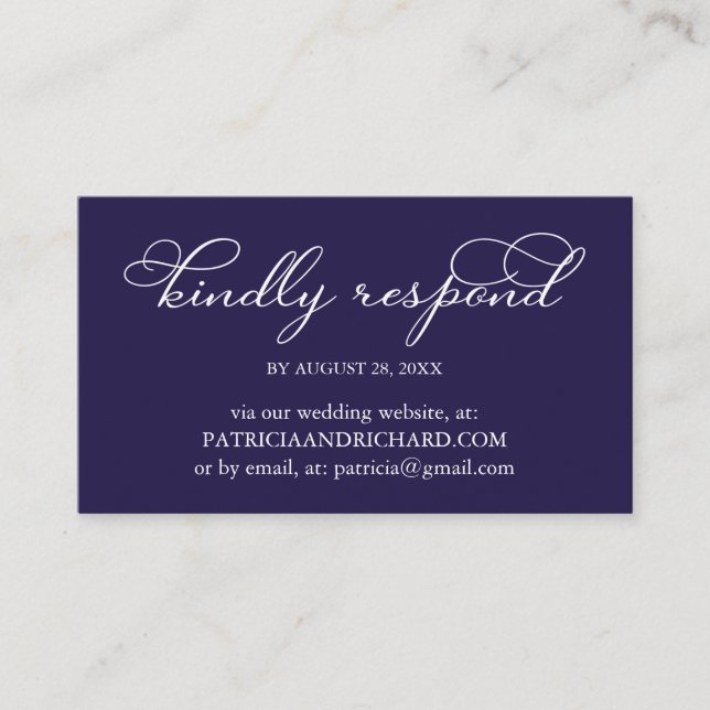 Elegant Navy Blue White Wedding Online RSVP Business Card (Front)