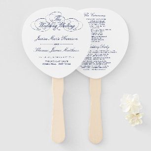 Elegant Navy Blue & White Wedding Program Template Hand Fan