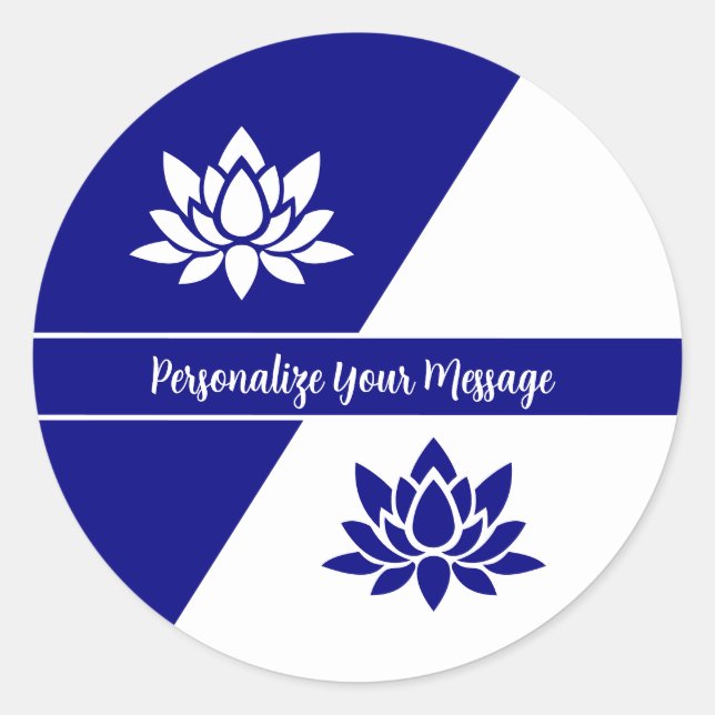 Elegant Navy Blue White Zen Yoga Lotus Flower Classic Round Sticker (Front)