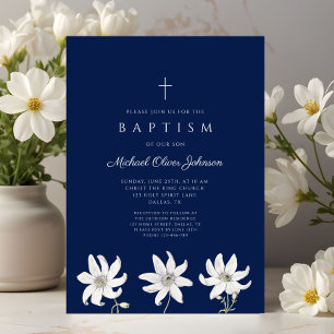 Elegant Navy Blue Wildflower Baptism Invitation