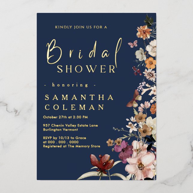 Elegant Navy Blue Wildflower Boho Bridal Shower (Front)