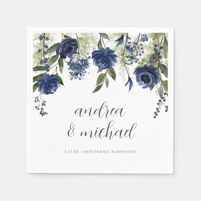 Elegant Navy Blue Wildflowers Floral Wedding Napki Napkin (Front)