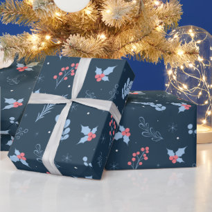 Elegant Navy Blue Winter Berries & Snowflakes Wrap Wrapping Paper