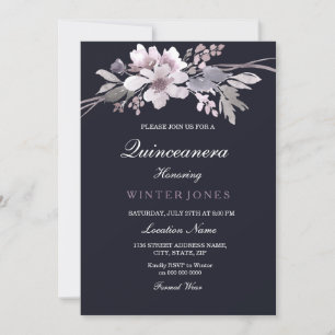 Elegant Navy Blue Winter Floral Quinceanera Invite