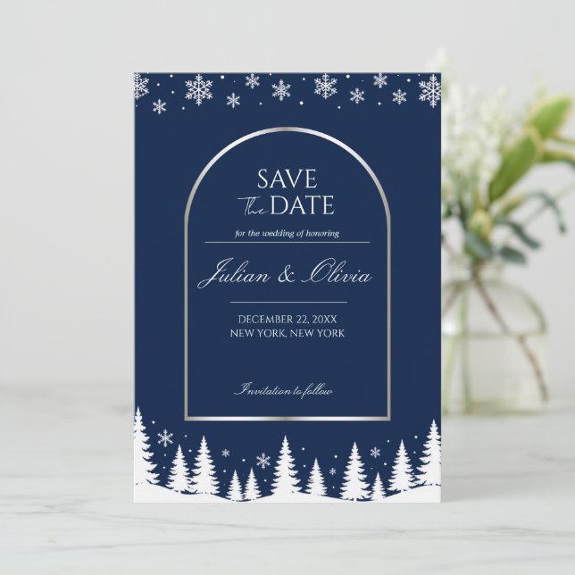Elegant Navy Blue Winter Save the Date Card (Standing Front)