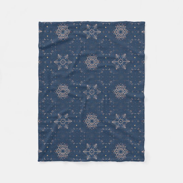 Elegant Navy Blue Winter Snowflake Pattern Fleece Blanket (Front)