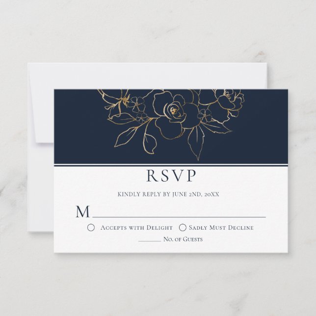 Elegant Navy Blue with Gold Sketched Roses RSVP Card (Front)