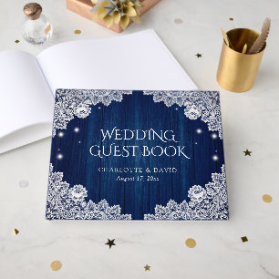 Elegant Navy Blue Wood and Lace Wedding Guest Book