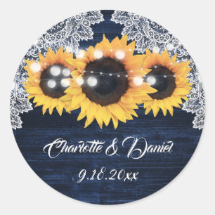 Elegant Navy Blue Wood Lace Sunflower Wedding Classic Round Sticker