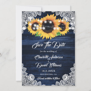 Elegant Navy Blue Wood Lace Sunflower Wedding Save The Date
