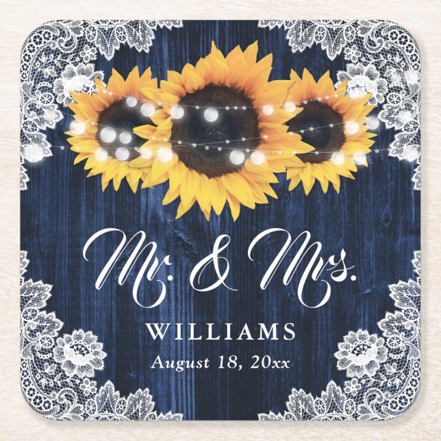 Elegant Navy Blue Wood Lace Sunflower Wedding Square Paper Coaster (Front)