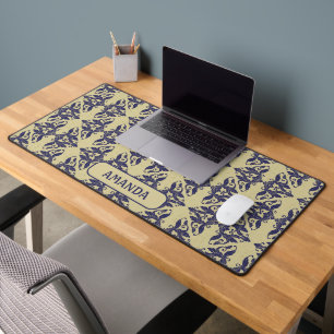 Elegant Navy Blue Yellow Vintage Damask Monogram Desk Mat