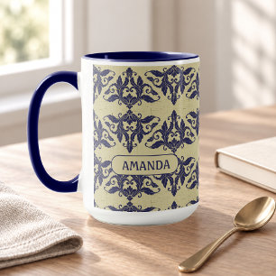 Elegant Navy Blue Yellow Vintage Damask Monogram Mug