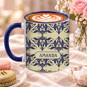 Elegant Navy Blue Yellow Vintage Damask Monogram Mug