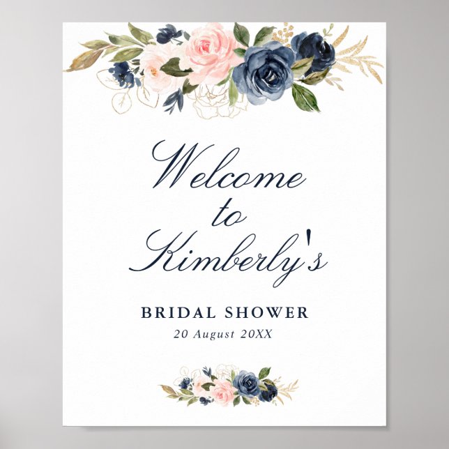 elegant navy & blush bridal shower welcome sign (Front)