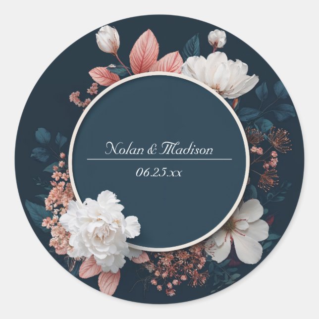 Elegant Navy & Blush Floral Round Wedding Sticker (Front)