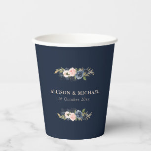 Elegant navy & blush floral wedding paper cups