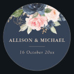 Elegant navy & blush floral wedding sticker<br><div class="desc">This design features beautiful navy and blush flowers and an Elegant navy background with lovely script text that can be personalised.</div>