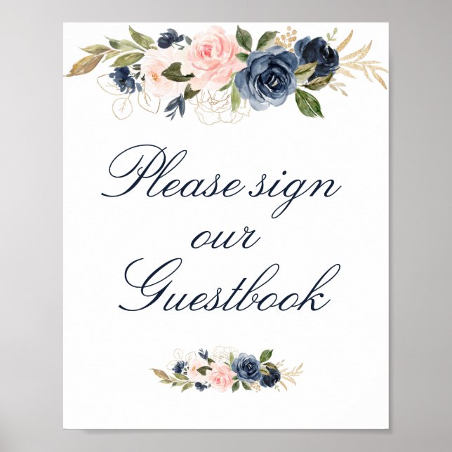 elegant Navy & blush guestbook wedding sign (Front)
