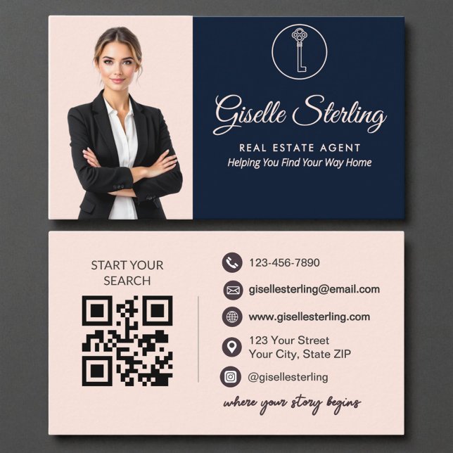 Elegant Navy Blush Photo Real Estate Agent QR Code Business Card (Creator Uploaded)