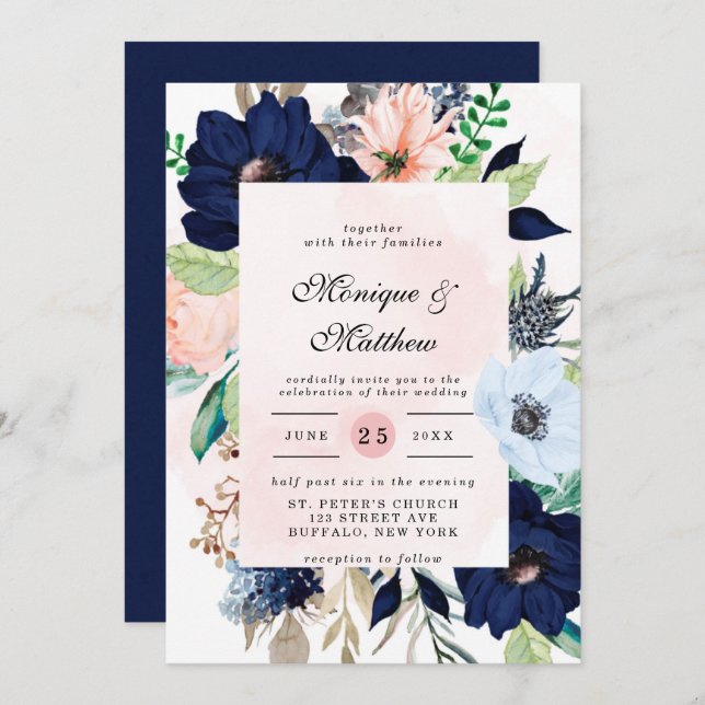 Elegant Navy Blush Pink Florals Wedding Invitation (Front/Back)