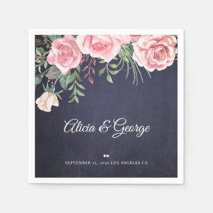 Elegant navy blush pink watercolor floral wedding napkin