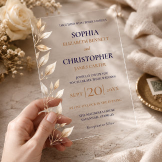 Elegant Navy Botanical Border Wedding Acrylic Invitations