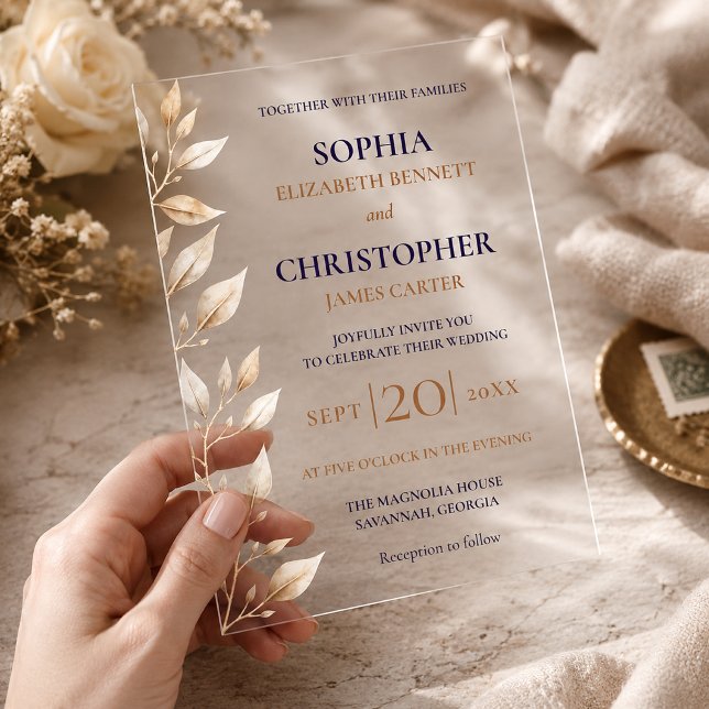 Elegant Navy Botanical Border Wedding Acrylic Invitations (Creator Uploaded)