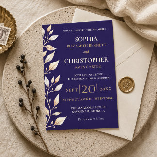 Elegant Navy Botanical Border Wedding Invitation