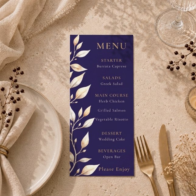 Elegant Navy Botanical Border Wedding Menu (Creator Uploaded)