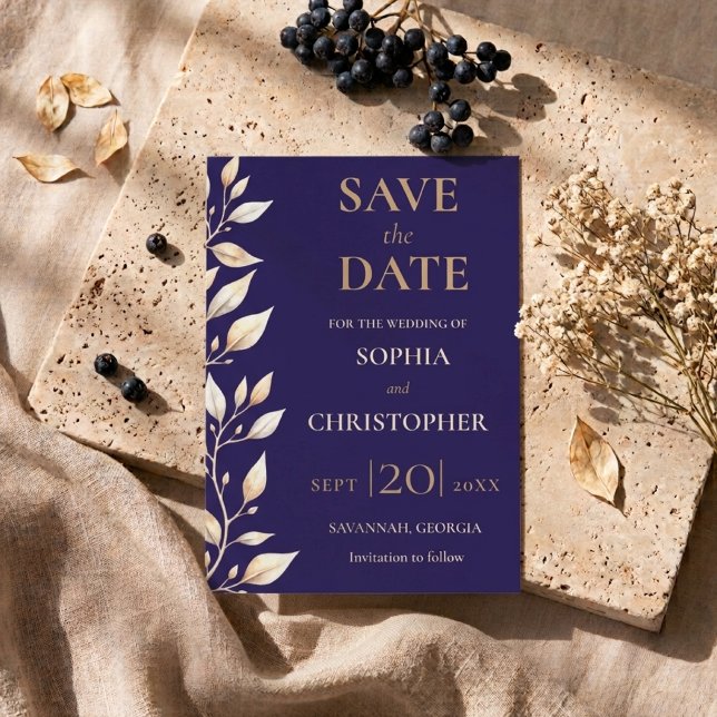 Elegant Navy Botanical Border Wedding Save The Date (Creator Uploaded)