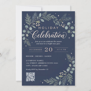 Elegant Navy Botanical Corporate Holiday Invitation