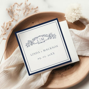 Elegant Navy botanical crest monogram wedding Napkin