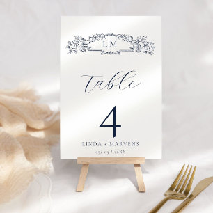 Elegant Navy botanical crest monogram wedding Table Number