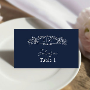 Elegant Navy botanical crest Wedding  Place Card
