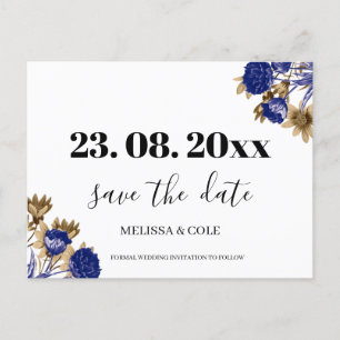 Elegant Navy Brown Minimalist Floral Save the Date Announcement Postcard