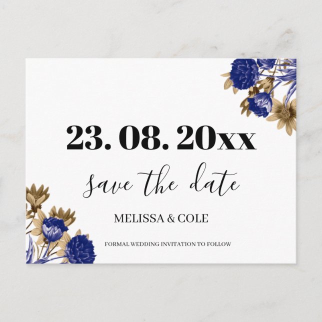 Elegant Navy Brown Minimalist Floral Save the Date Announcement Postcard (Front)