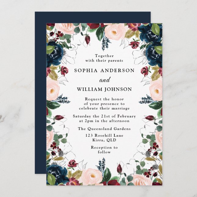 Elegant Navy Burgundy Blush Floral Wreath Wedding Invitation (Front/Back)