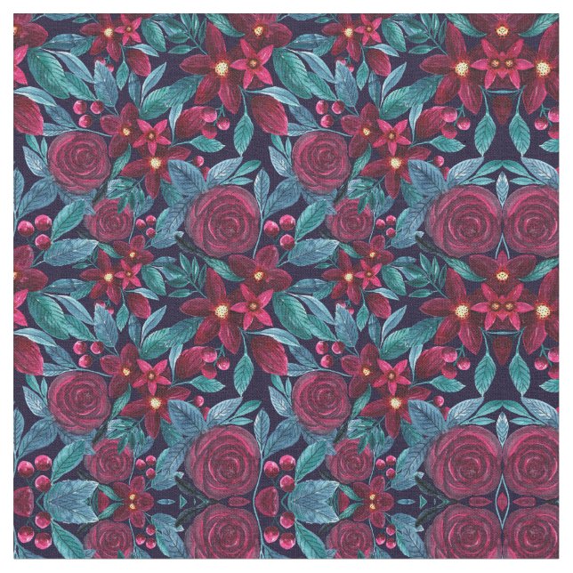 Elegant Navy Burgundy Christmas Floral Watercolor Fabric (Close Up)
