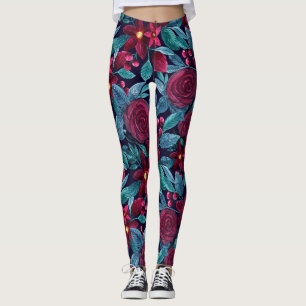 Elegant Navy Burgundy Christmas Floral Watercolor Leggings