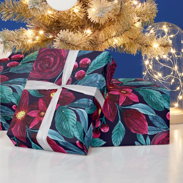 Elegant Navy Burgundy Christmas Floral Watercolor Wrapping Paper (Holidays)