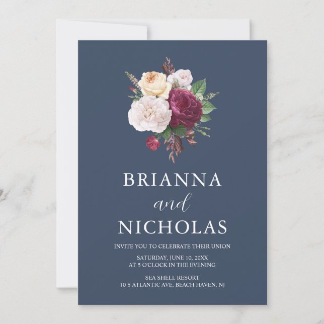 Elegant Navy Burgundy Floral All in One Wedding Invitation (Front)