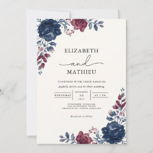 Elegant Navy & Burgundy Floral Garden Wedding Invitation