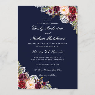 Elegant Navy Burgundy Floral Lace Wedding Invitation