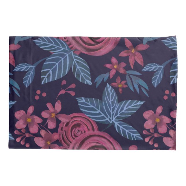 Elegant Navy Burgundy Floral Watercolo Pillowcase (Back)